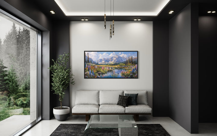 Spring Wildflowers Wall Art – Mountain Valley Landscape Framed Canvas Print for Rustic Home