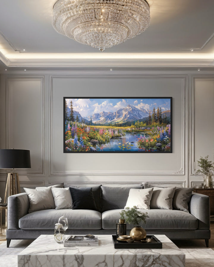 Spring Wildflowers Wall Art – Mountain Valley Landscape Framed Canvas Print for Rustic Home