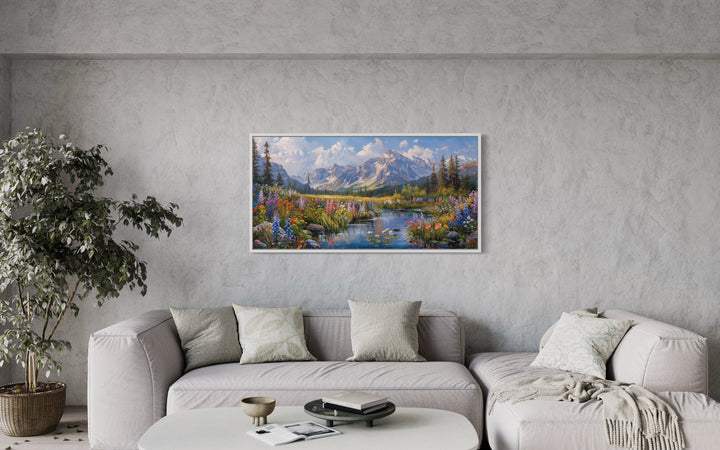 Spring Wildflowers Wall Art – Mountain Valley Landscape Framed Canvas Print for Rustic Home