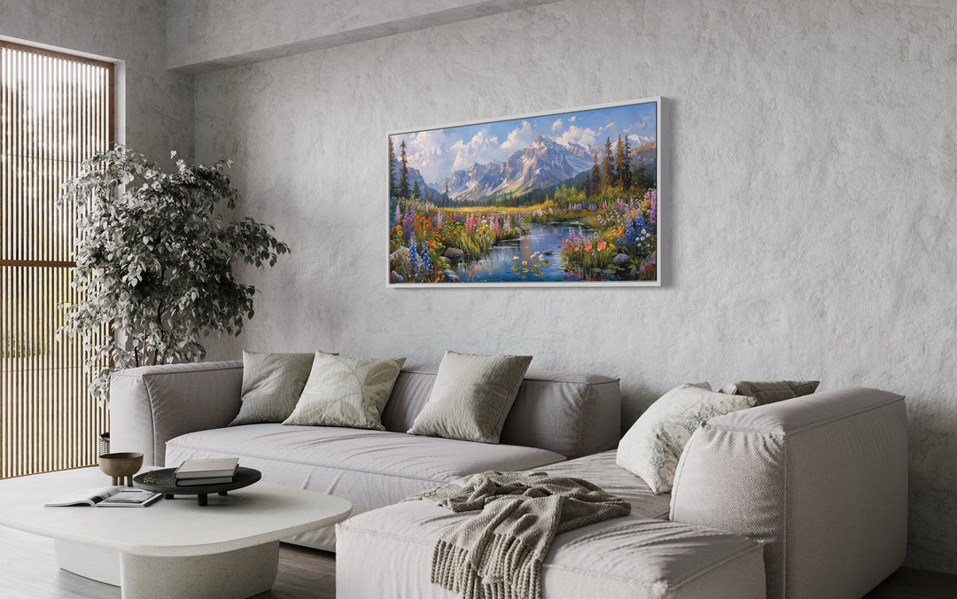 Spring Wildflowers Wall Art – Mountain Valley Landscape Framed Canvas Print for Rustic Home