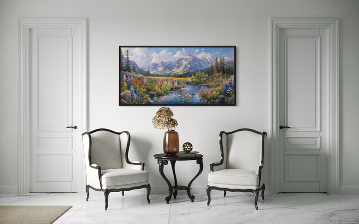 Spring Wildflowers Wall Art – Mountain Valley Landscape Framed Canvas Print for Rustic Home