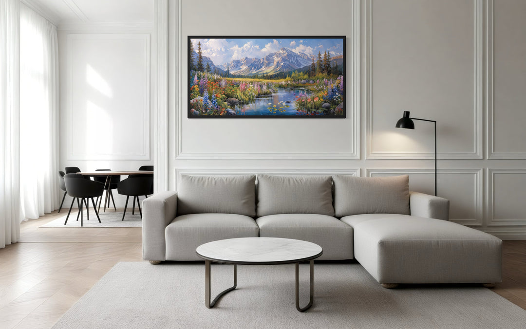 Spring Wildflowers Wall Art – Mountain Valley Landscape Framed Canvas Print for Rustic Home