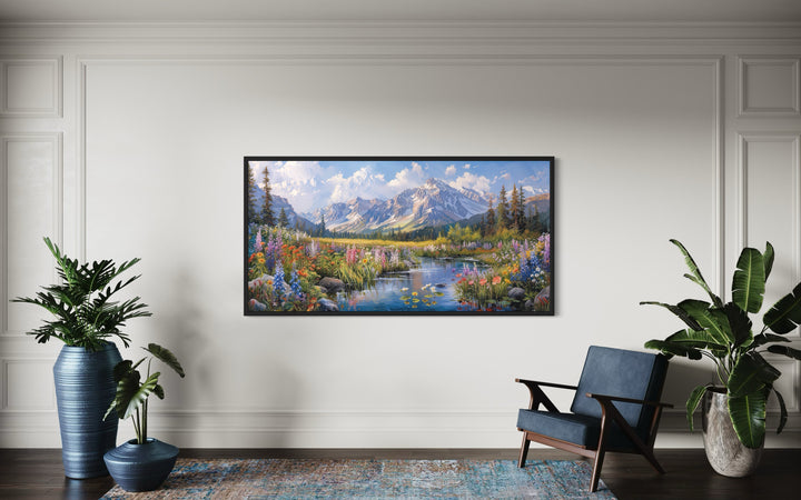 Spring Wildflowers Wall Art – Mountain Valley Landscape Framed Canvas Print for Rustic Home