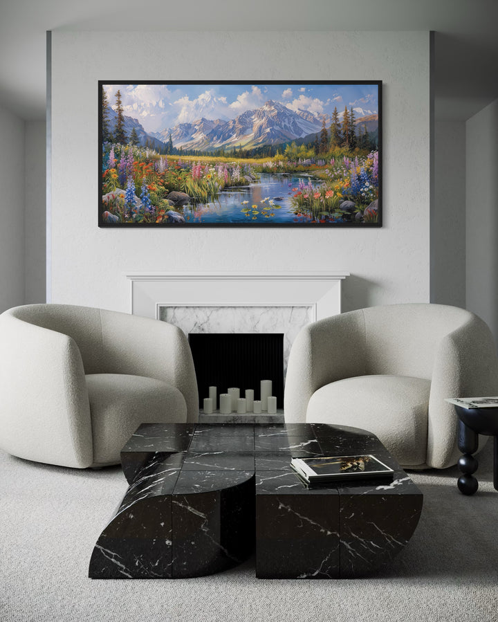 Spring Wildflowers Wall Art – Mountain Valley Landscape Framed Canvas Print for Rustic Home