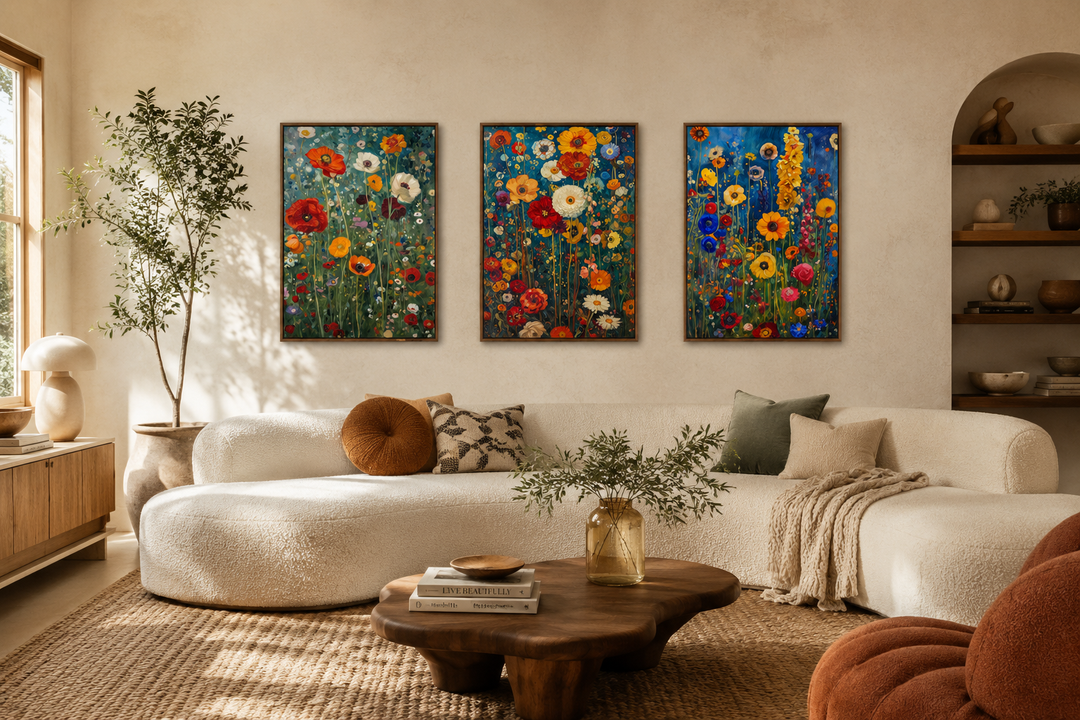 Set of 3 colorful wildflower canvas prints inspired by Gustav Klimt above a white curved sofa.