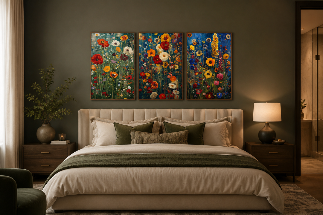 Set of 3 colorful wildflower canvas prints inspired by Gustav Klimt hanging above a bed.