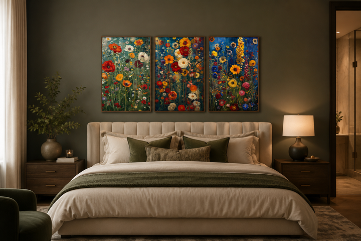 Set of 3 colorful wildflower canvas prints inspired by Gustav Klimt hanging above a bed.