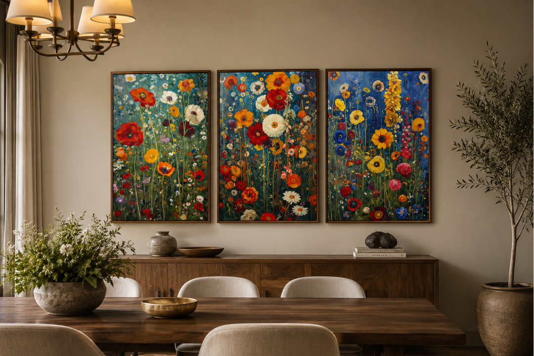 Set of 3 colorful wildflower canvas prints inspired by Gustav Klimt above a dining room sideboard.