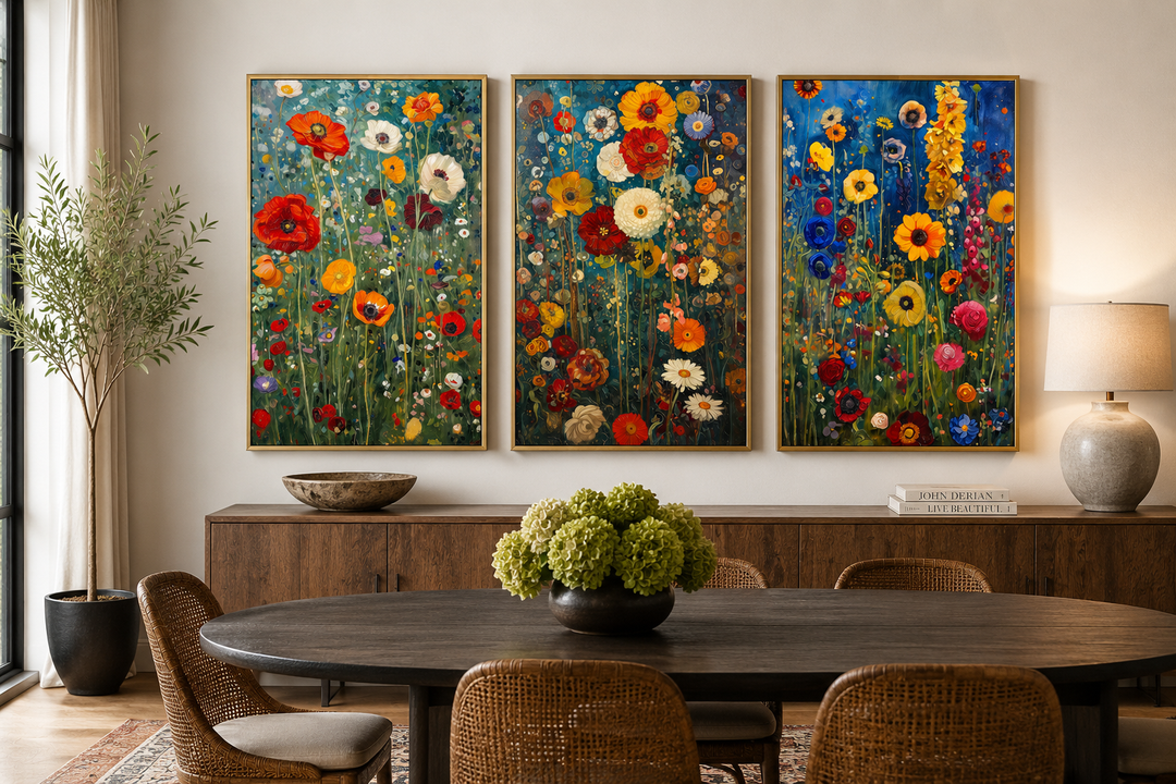 Set of 3 Gustav Klimt-inspired wildflower canvas prints in gold frames above a dining room sideboard.