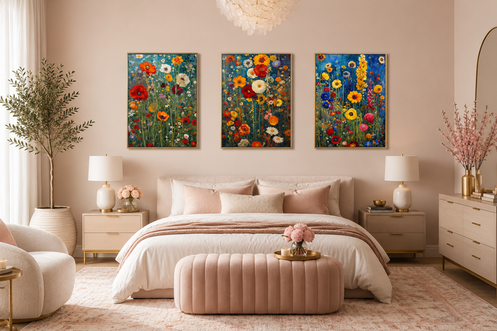 Set of 3 colorful wildflower canvas prints inspired by Gustav Klimt above a bed in a neutral room.