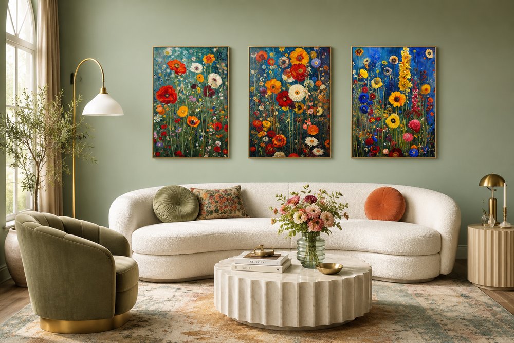 Set of 3 colorful wildflower canvas prints inspired by Gustav Klimt above a white curved sofa.