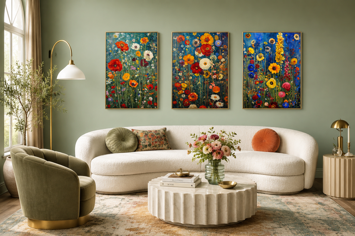 Set of 3 colorful wildflower canvas prints inspired by Gustav Klimt above a white curved sofa.