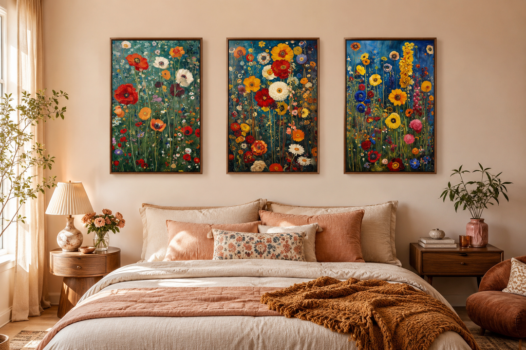 Set of 3 colorful wildflower canvas prints inspired by Gustav Klimt hanging above a bed.
