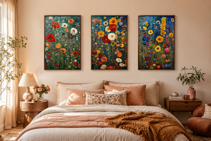 Set of 3 colorful wildflower canvas prints inspired by Gustav Klimt hanging above a bed.
