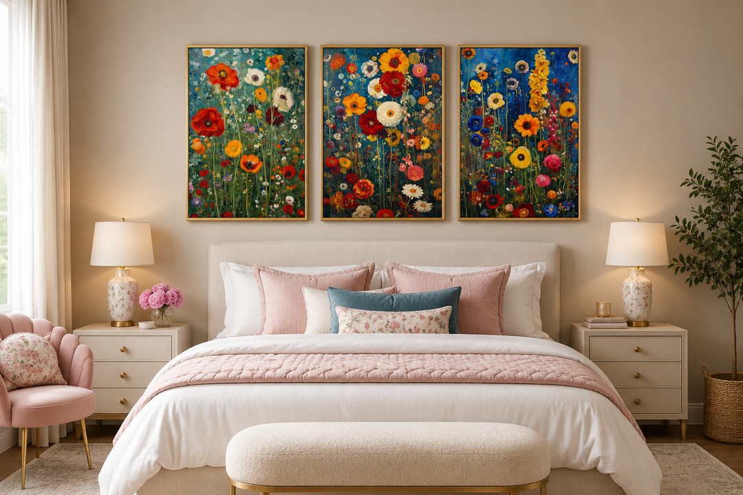 Set of 3 colorful wildflower canvas prints inspired by Gustav Klimt hanging above a bed.
