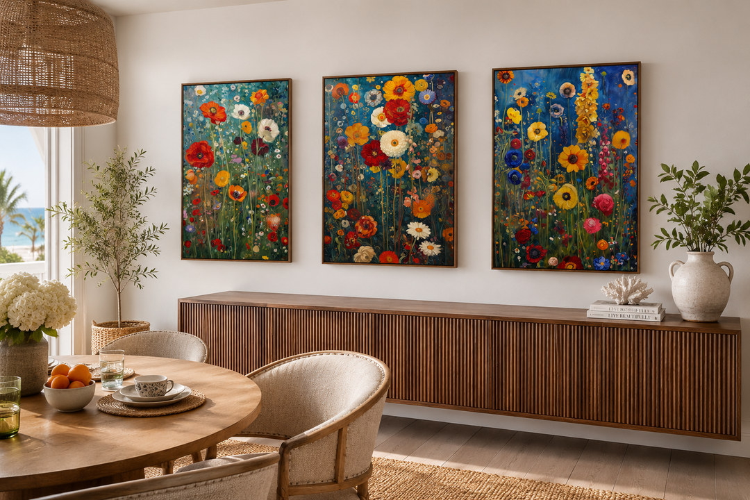 Set of 3 colorful wildflower canvas prints inspired by Gustav Klimt above a wooden sideboard.