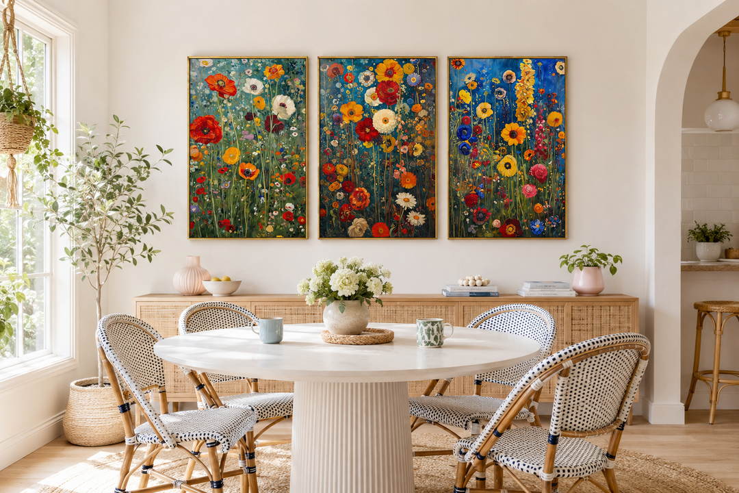 Set of 3 colorful wildflower canvas prints inspired by Gustav Klimt above a dining room sideboard.