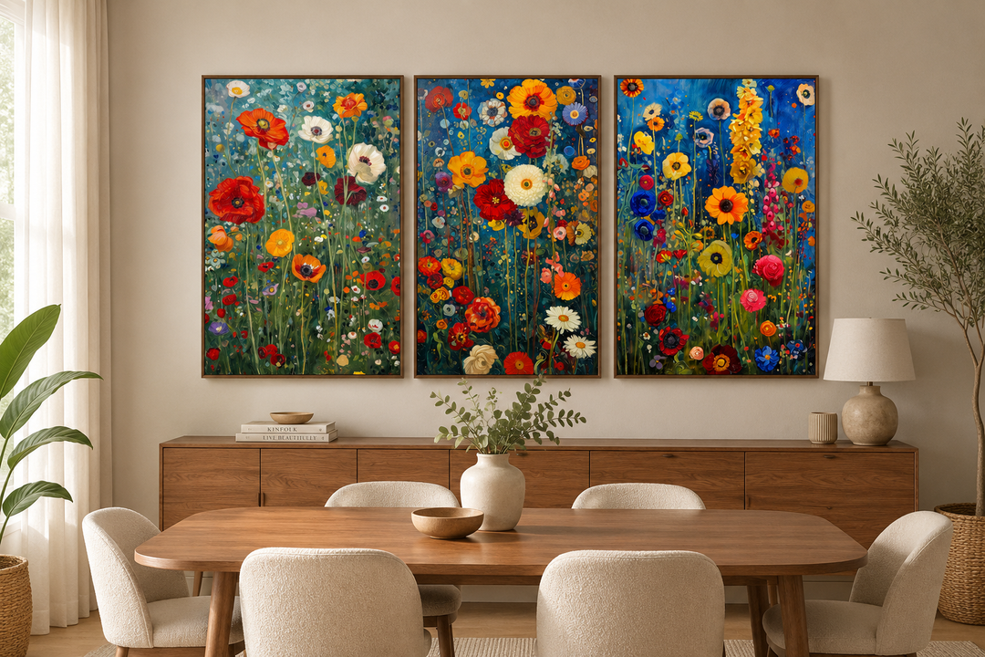 Set of 3 Gustav Klimt inspired wildflower canvas prints above a wooden dining table and sideboard.