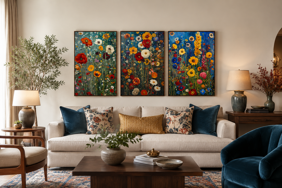 Set of 3 colorful wildflower canvas prints inspired by Gustav Klimt above a neutral sofa.