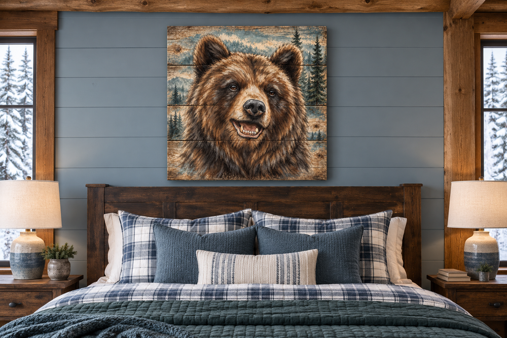 Cute bear portrait on distressed wood wall art hanging above a bed in a rustic cabin bedroom.