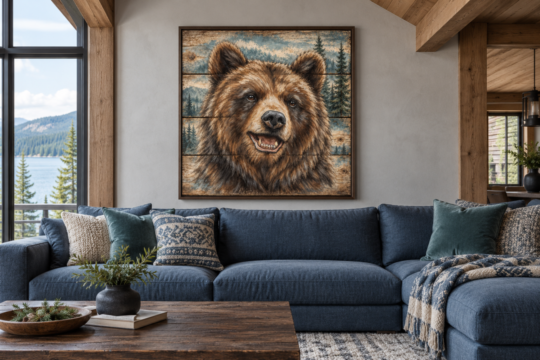 Cute bear portrait on distressed wood framed wall art in a rustic cabin living room.