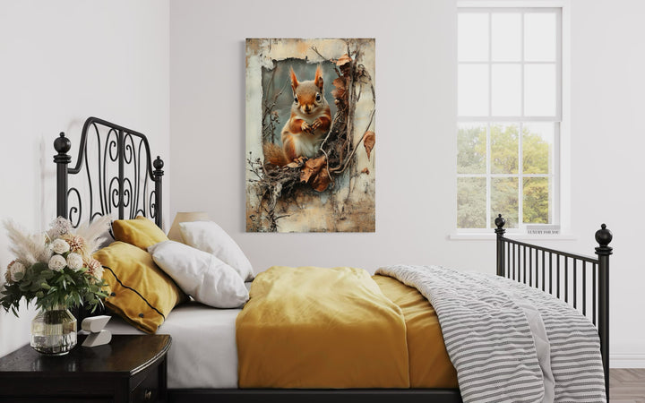 Squirrel In The Forest Rustic Framed Canvas Wall Art For Cabin Decor