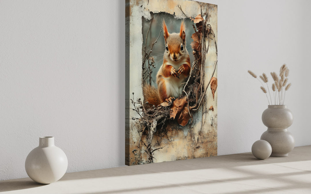 Squirrel In The Forest Rustic Framed Canvas Wall Art For Cabin Decor