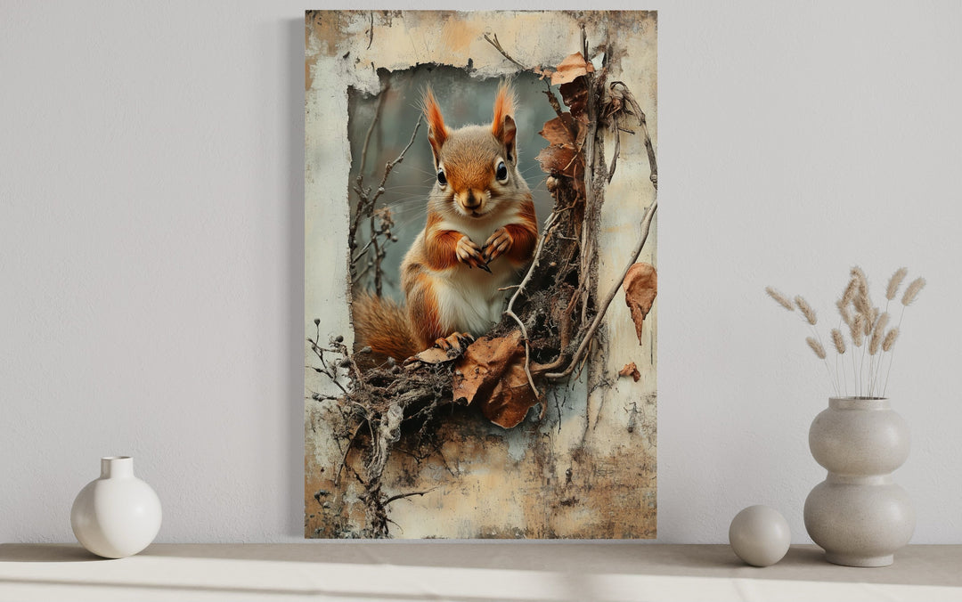 Squirrel In The Forest Rustic Framed Canvas Wall Art For Cabin Decor