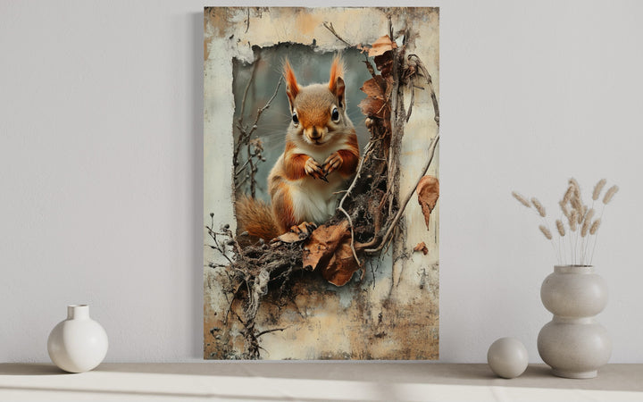 Squirrel In The Forest Rustic Framed Canvas Wall Art For Cabin Decor