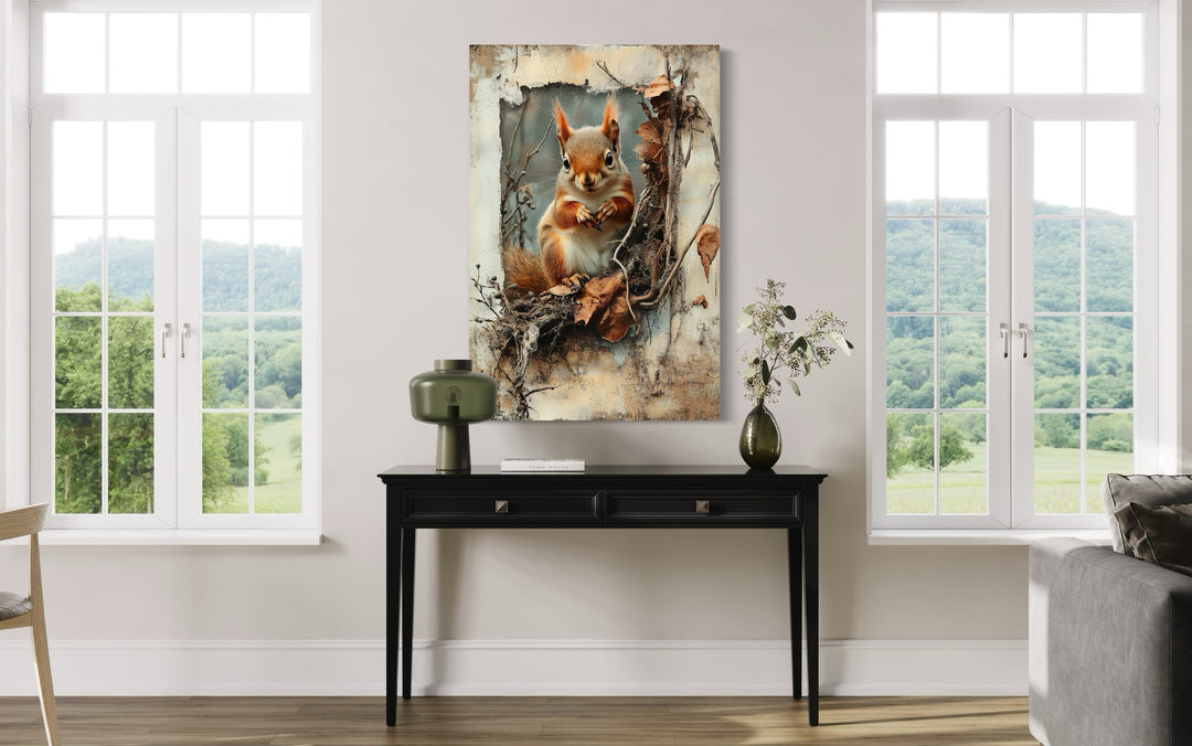 Squirrel In The Forest Rustic Framed Canvas Wall Art For Cabin Decor