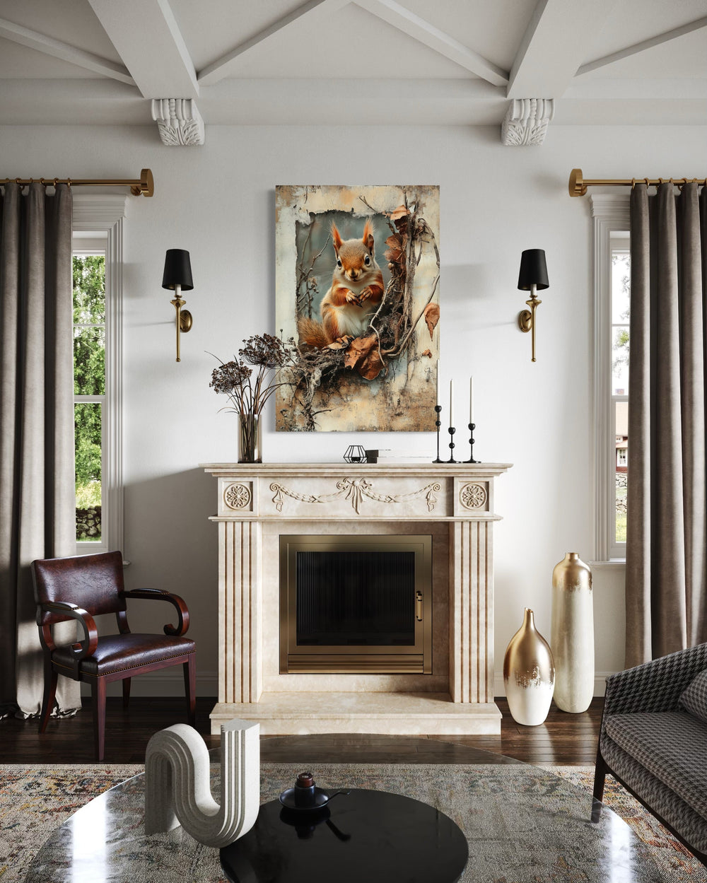 Rustic framed canvas wall art of a squirrel in a forest, hanging above a fireplace in a living room.