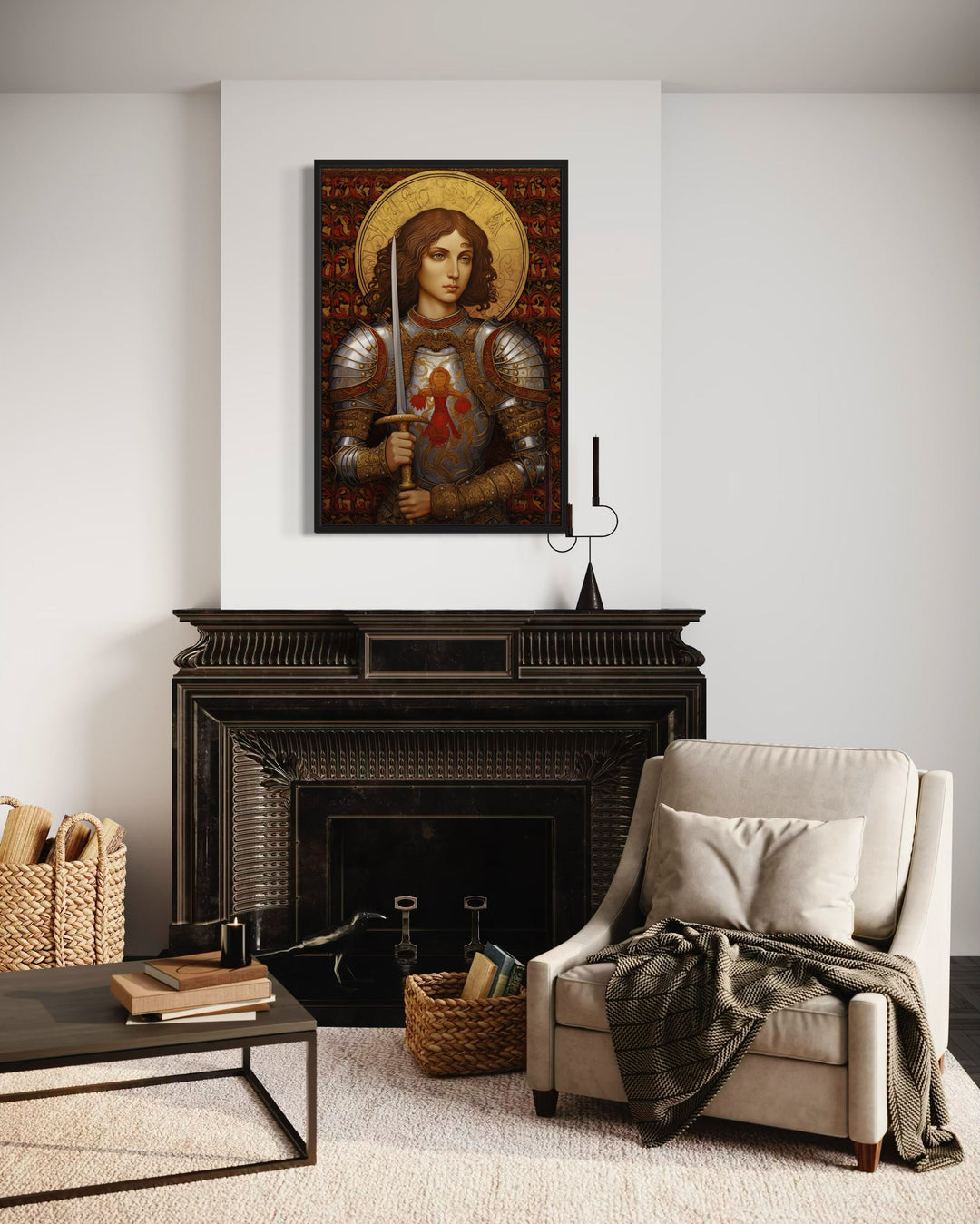 St. Joan Of Arc Framed Canvas Wall Art in a living room with a fire place