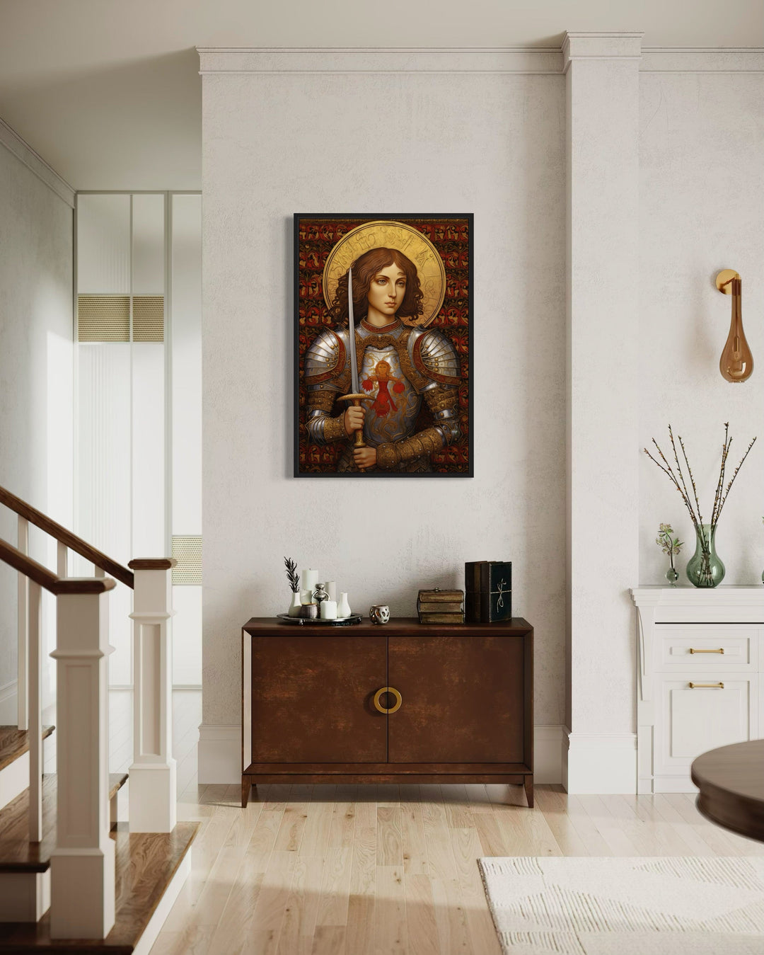 St. Joan Of Arc Framed Canvas Wall Art above a dresser