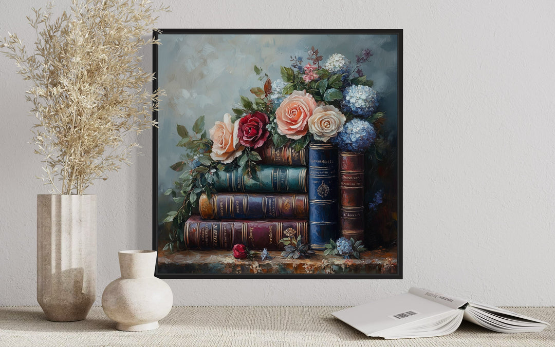 Library Wall Decor - Stack Of Books And Pretty Flowers Framed Canvas Wall Art