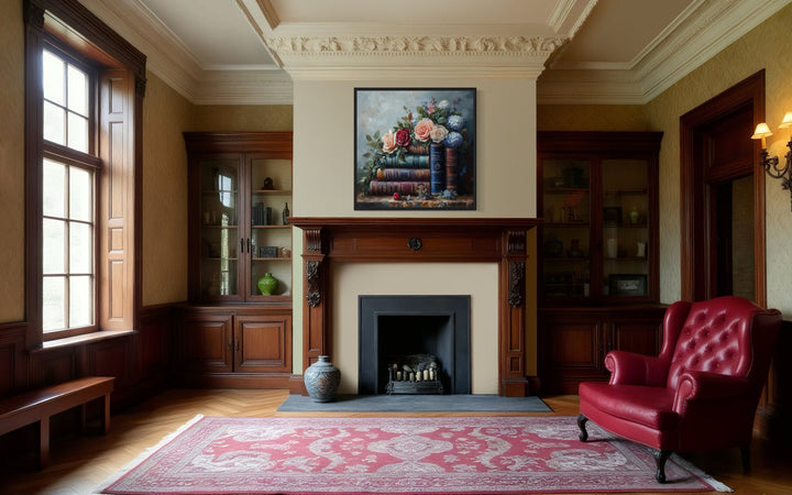 Stack Of Books And Pretty Flowers Framed Canvas Wall Art in a living room with a red chair and a fireplace