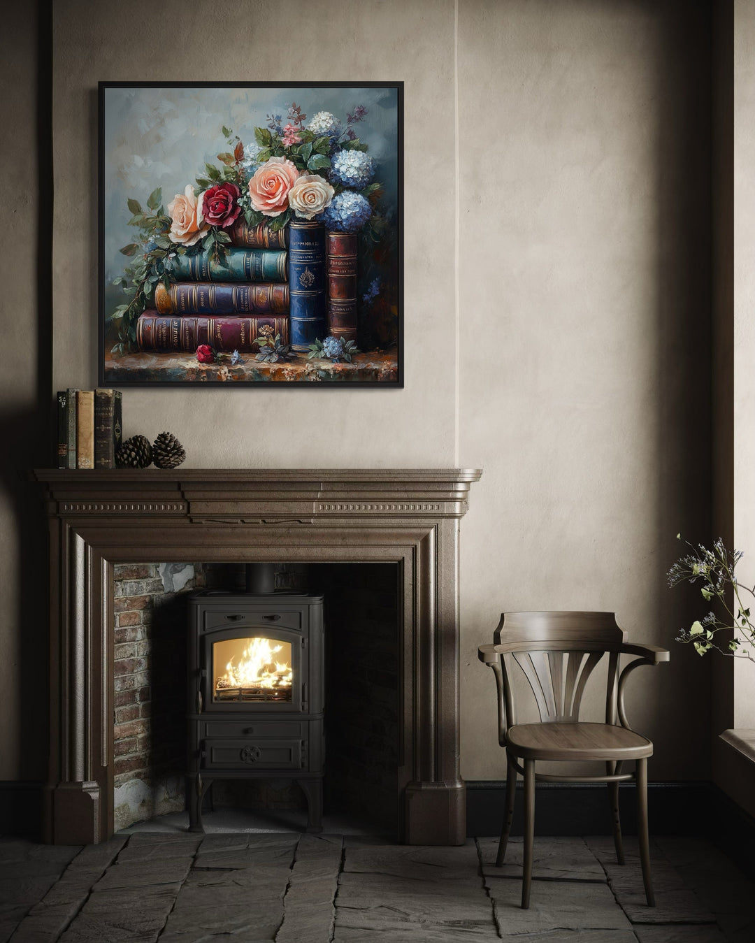 Stack Of Books And Pretty Flowers Framed Canvas Wall Art above fireplace