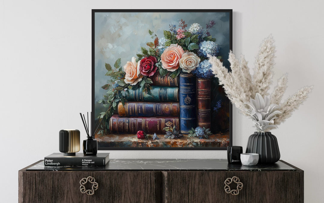 Library Wall Decor - Stack Of Books And Pretty Flowers Framed Canvas Wall Art