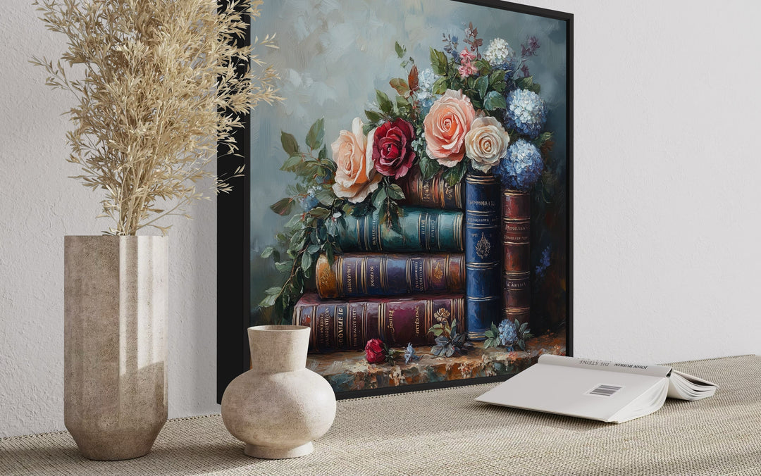 Stack Of Books And Pretty Flowers Framed Canvas Wall Art side view