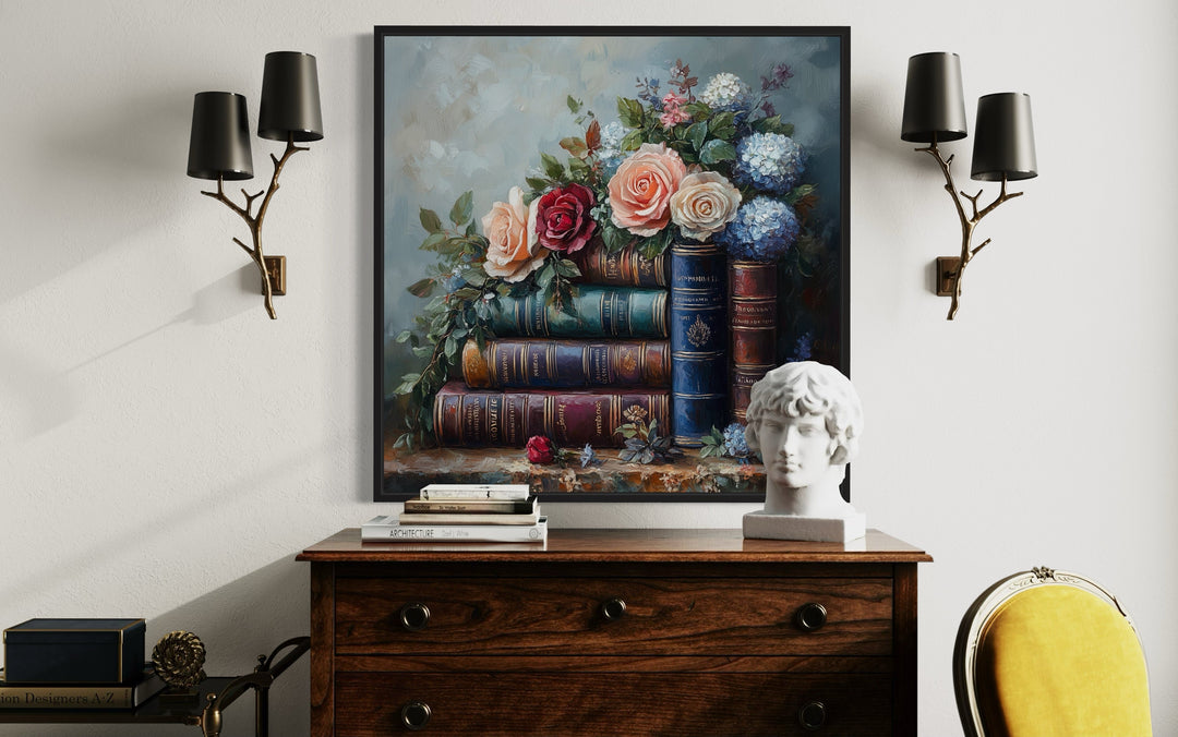 Stack Of Books And Pretty Flowers Framed Canvas Wall Art in the library