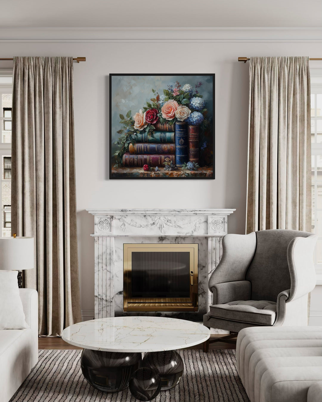 Stack Of Books And Pretty Flowers Framed Canvas Wall Art above mantel