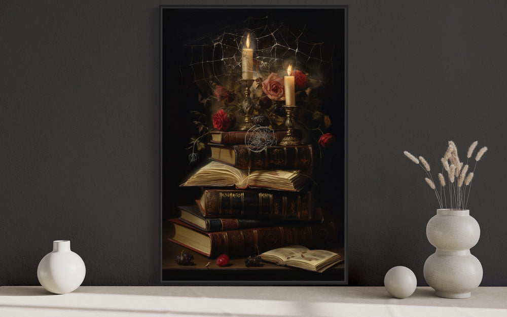 Library Wall Decor - Stack Of Vintage Books With Candles And Spider Web Gothic Framed Canvas Wall Art