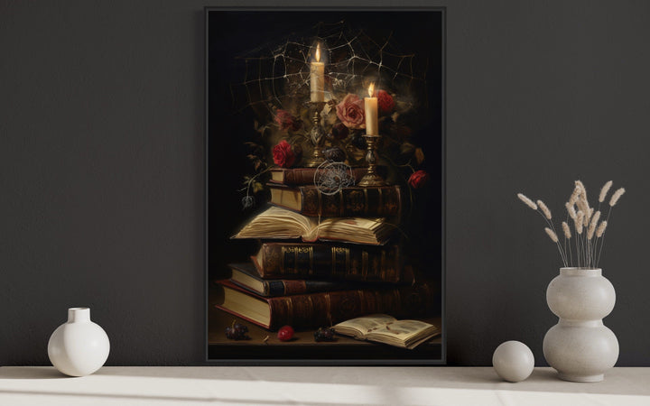 Stack Of Vintage Books With Candles And Spider Web Gothic Framed Canvas Wall Art