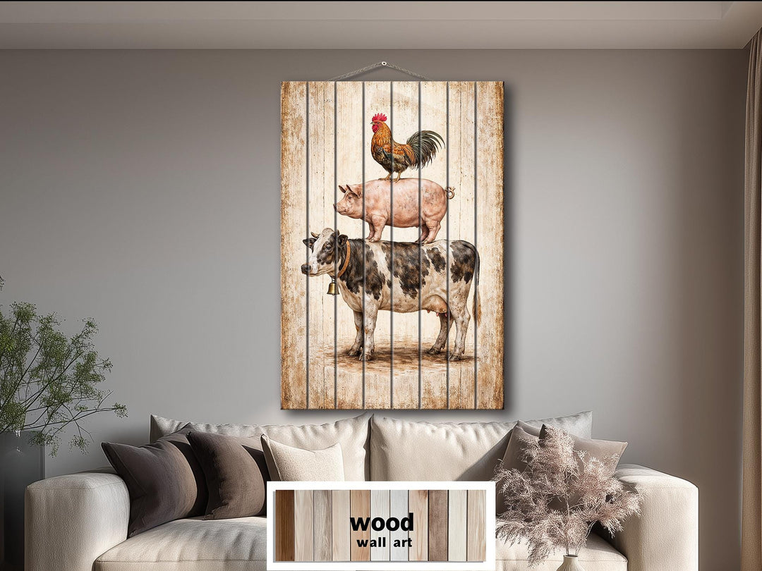 Stacked farm animals on distressed wood wall art hanging above a neutral sofa in a farmhouse room.