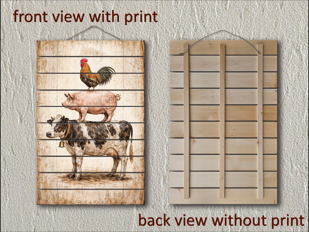 Stacked farm animals printed on distressed wood planks with a rustic farmhouse finish.