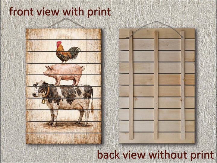 Stacked farm animals printed on distressed wood planks with a rustic farmhouse finish.