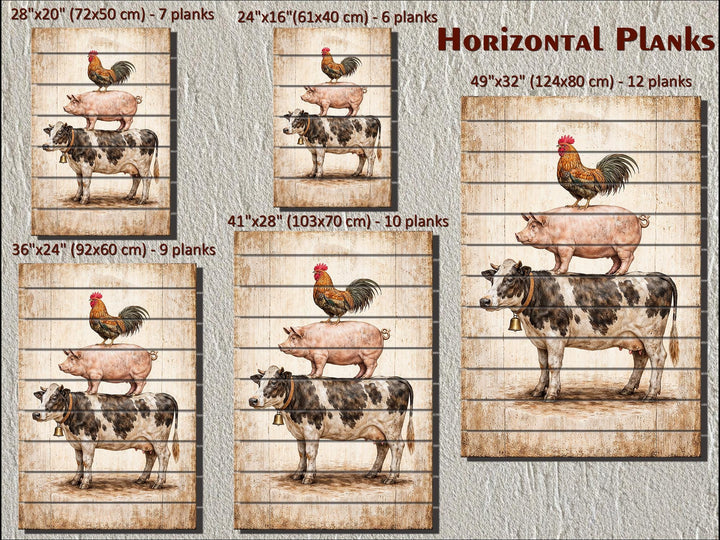 Stacked farm animals wall art featuring a cow, pig, and rooster on distressed horizontal wood planks.