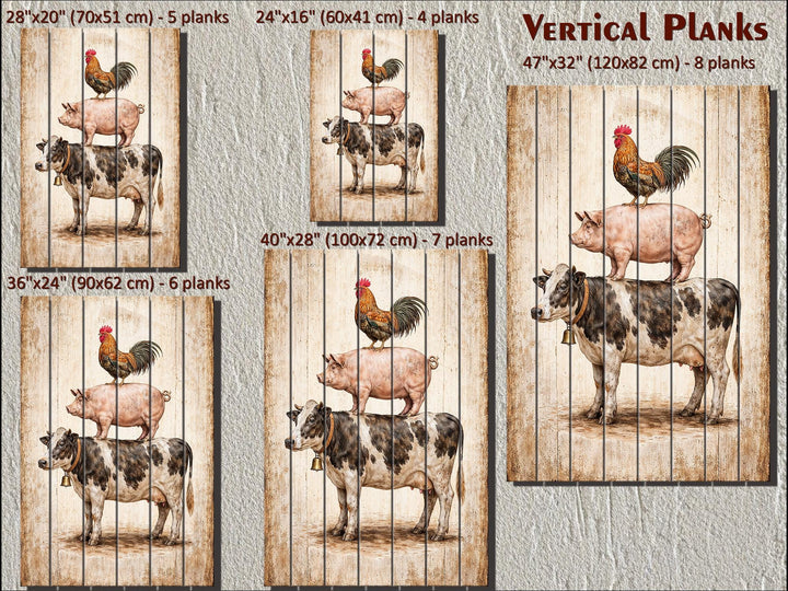 Stacked farm animals wall art on vertical wood planks in five sizes for farmhouse decor.