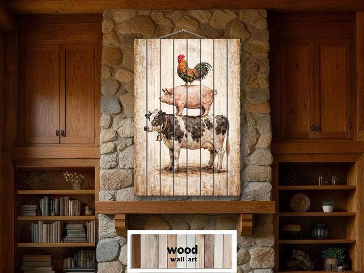 Stacked farm animals wall art featuring a rooster, pig, and cow on distressed vertical wood planks.