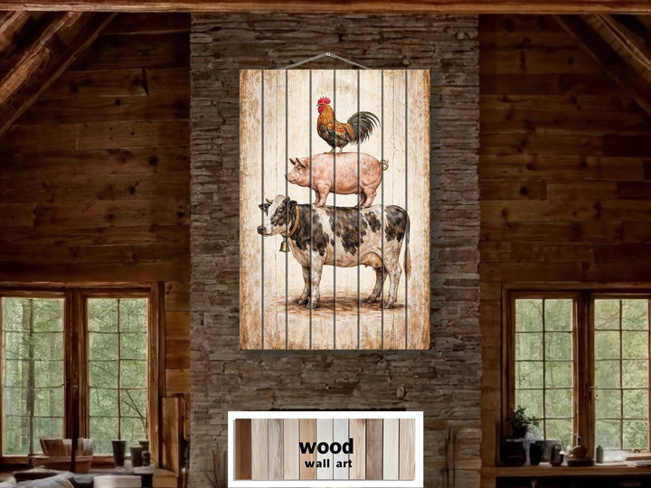 Stacked farm animals wall art featuring a rooster, pig, and cow on distressed vertical wood planks.