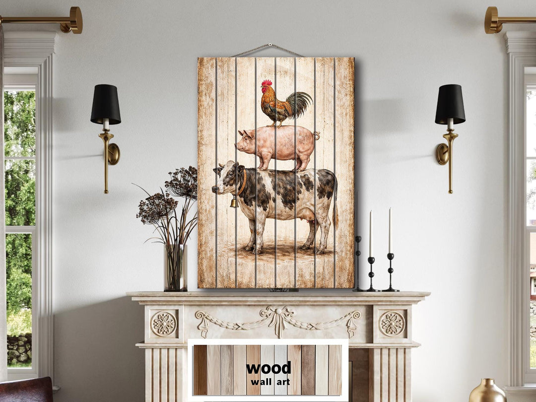 Stacked farm animals printed on distressed wood wall art hanging above a fireplace mantel.
